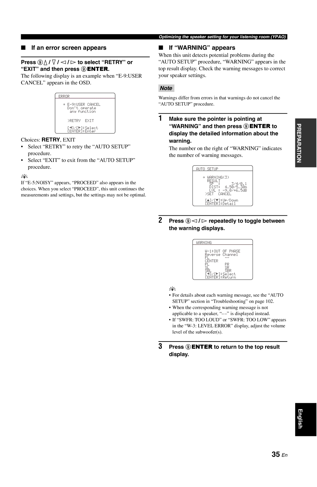 Yamaha DSP-AX763 owner manual 35 En, If an error screen appears, If Warning appears 