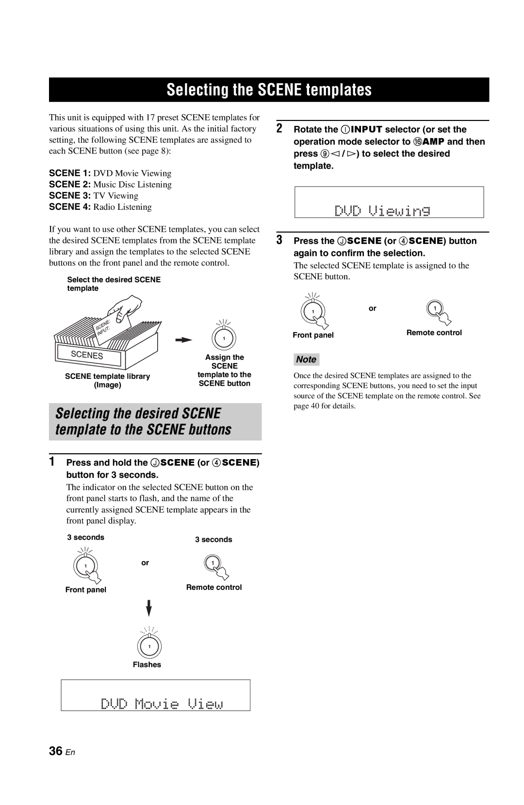 Yamaha DSP-AX763 Selecting the Scene templates, 36 En, Press and hold the Jscene or 4SCENE button for 3 seconds 