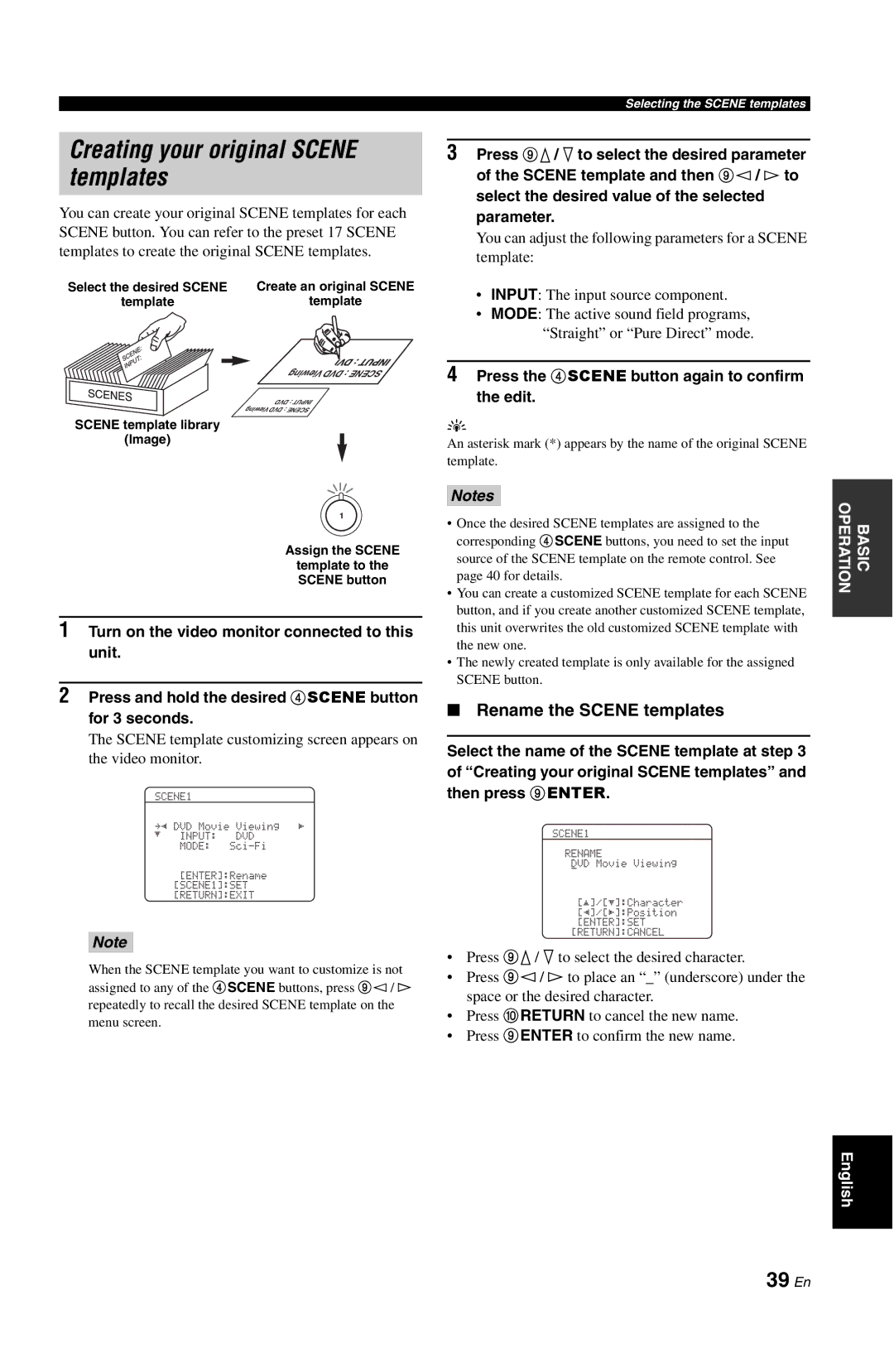 Yamaha DSP-AX763 owner manual Creating your original Scene templates, 39 En, Rename the Scene templates 