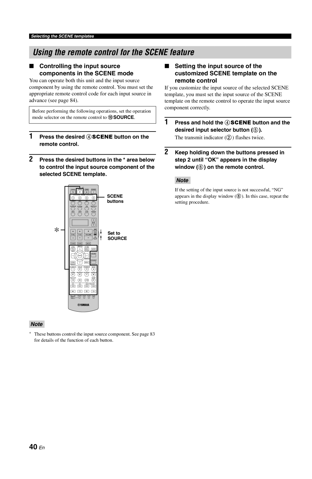 Yamaha DSP-AX763 owner manual Using the remote control for the Scene feature, 40 En, Transmit indicator 2 flashes twice 