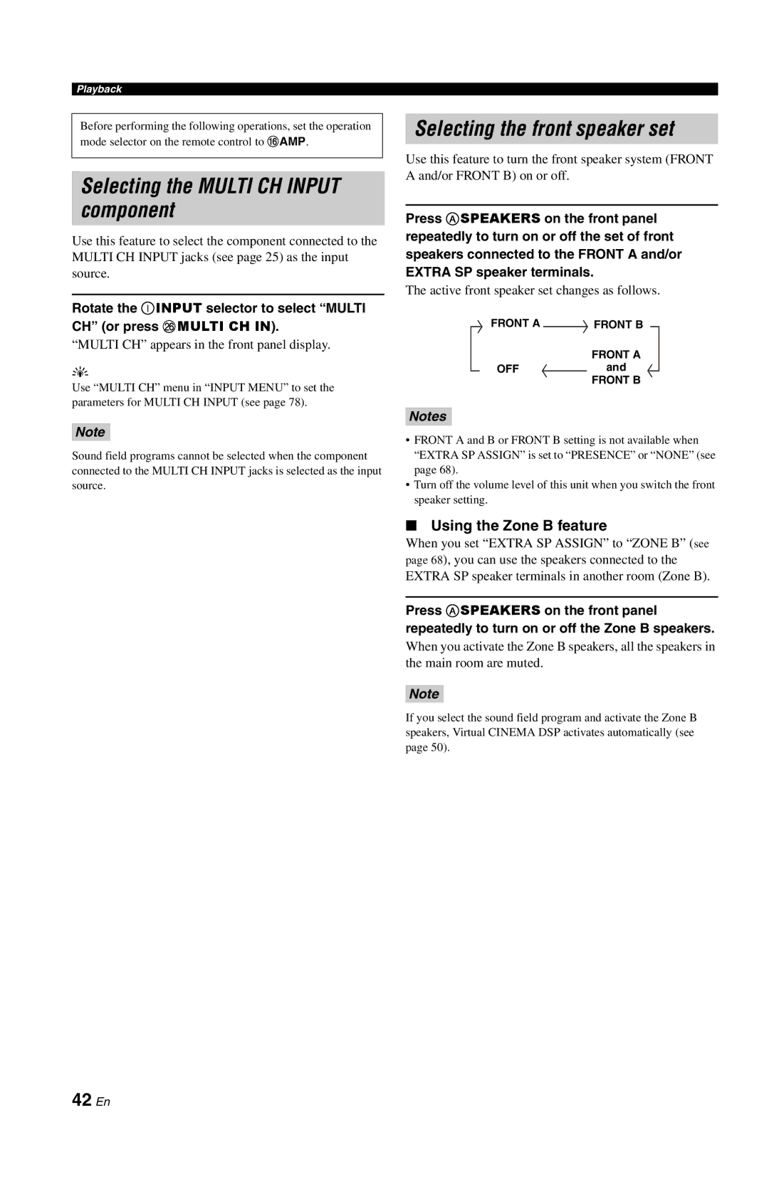 Yamaha DSP-AX763 Selecting the Multi CH Input component, Selecting the front speaker set, 42 En, Using the Zone B feature 