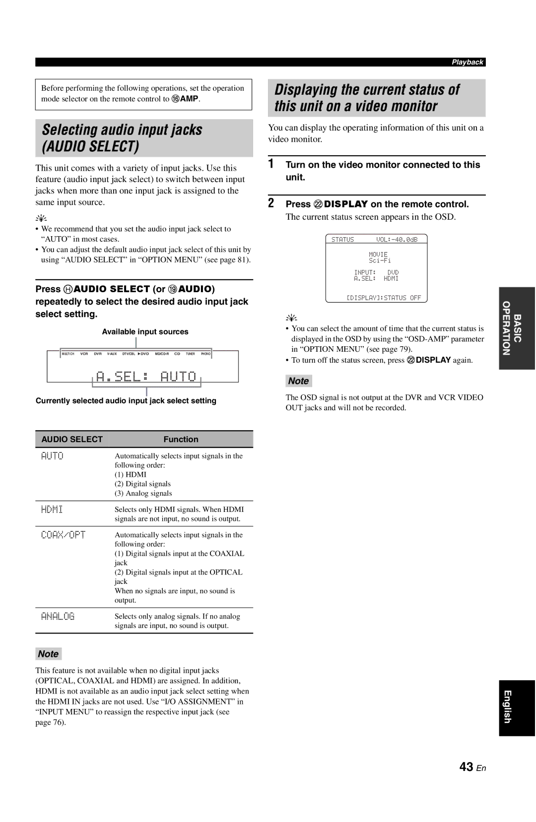 Yamaha DSP-AX763 owner manual Selecting audio input jacks, 43 En 