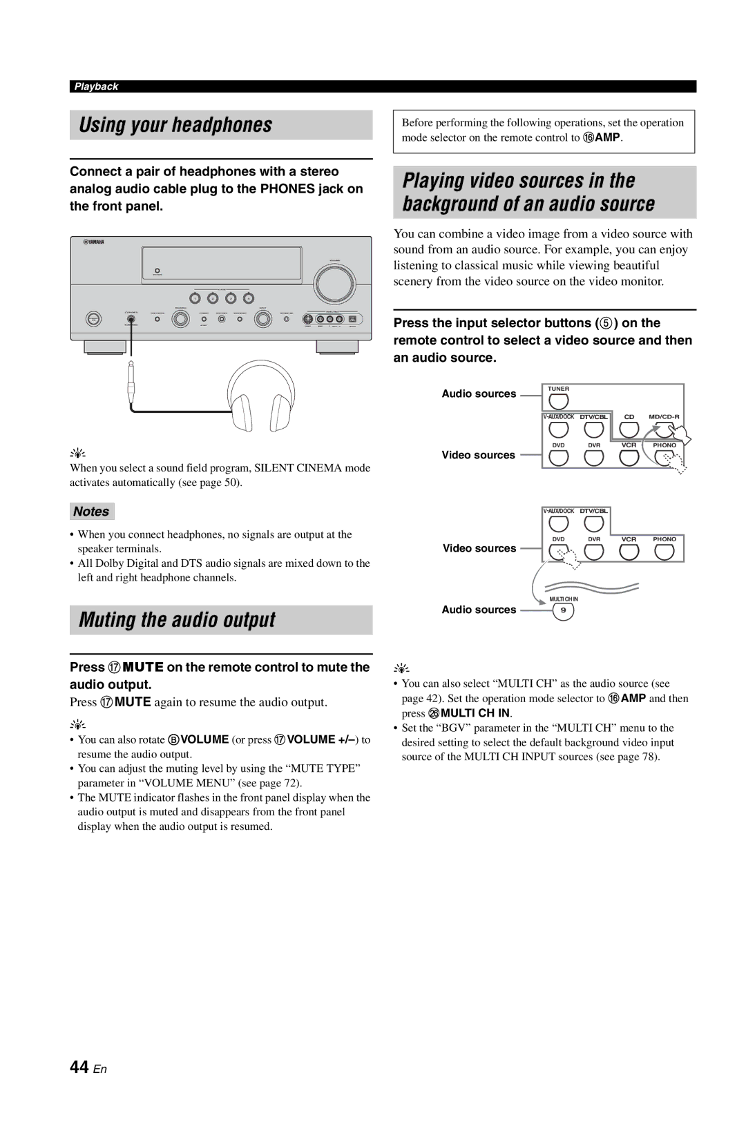 Yamaha DSP-AX763 Using your headphones, Muting the audio output, 44 En, Press Gmute again to resume the audio output 