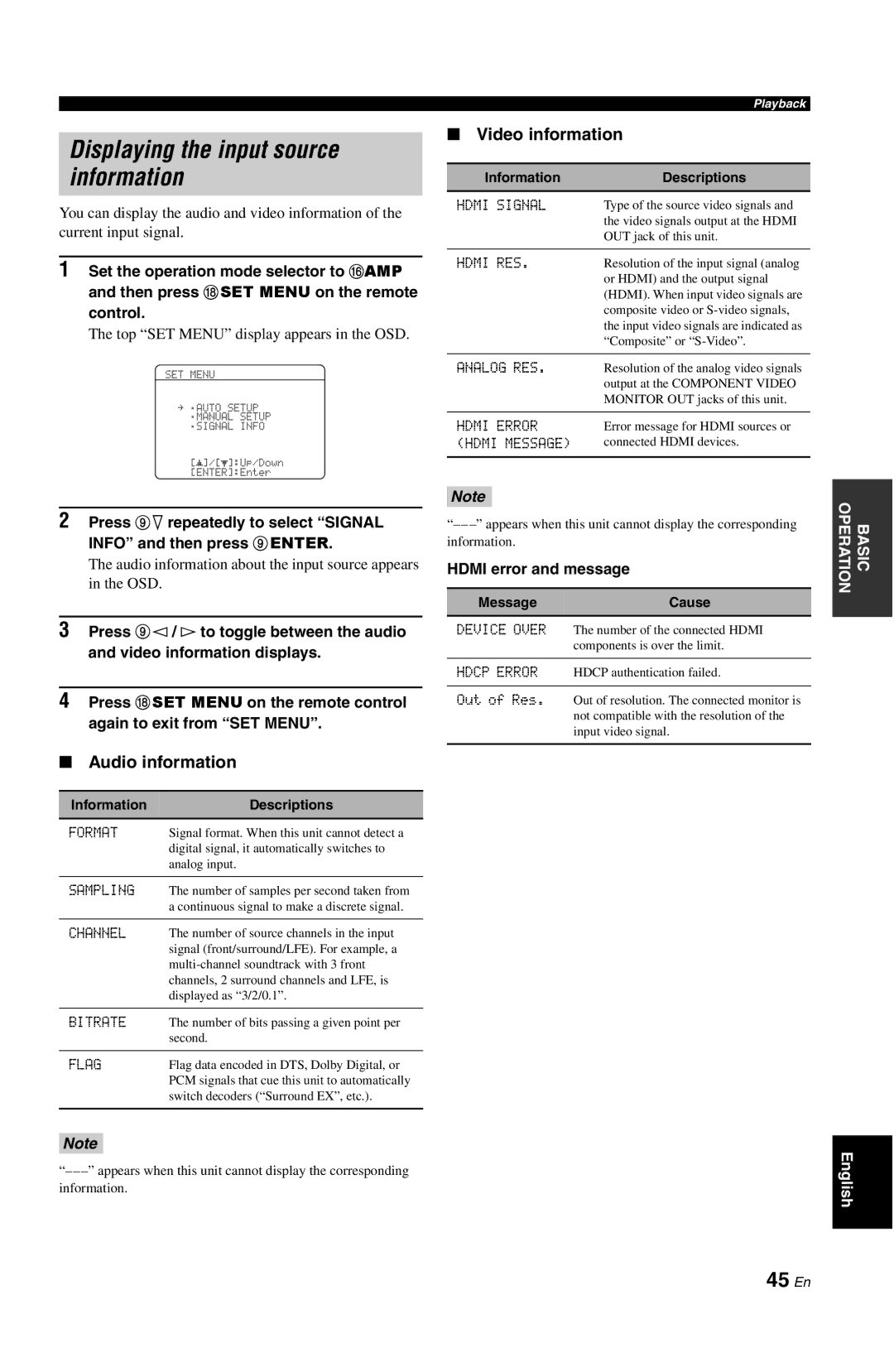 Yamaha DSP-AX763 owner manual Displaying the input source information, 45 En, Audio information, Video information 