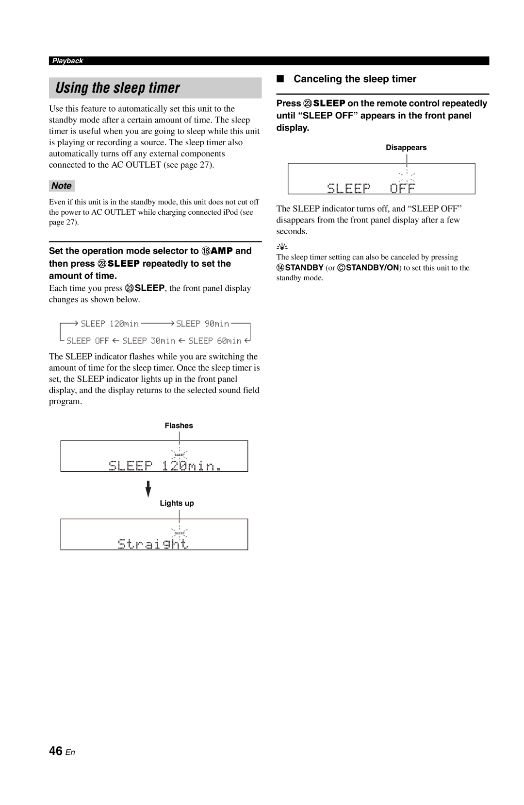 Yamaha DSP-AX763 owner manual Using the sleep timer, 46 En, Canceling the sleep timer, Lights up, Disappears 