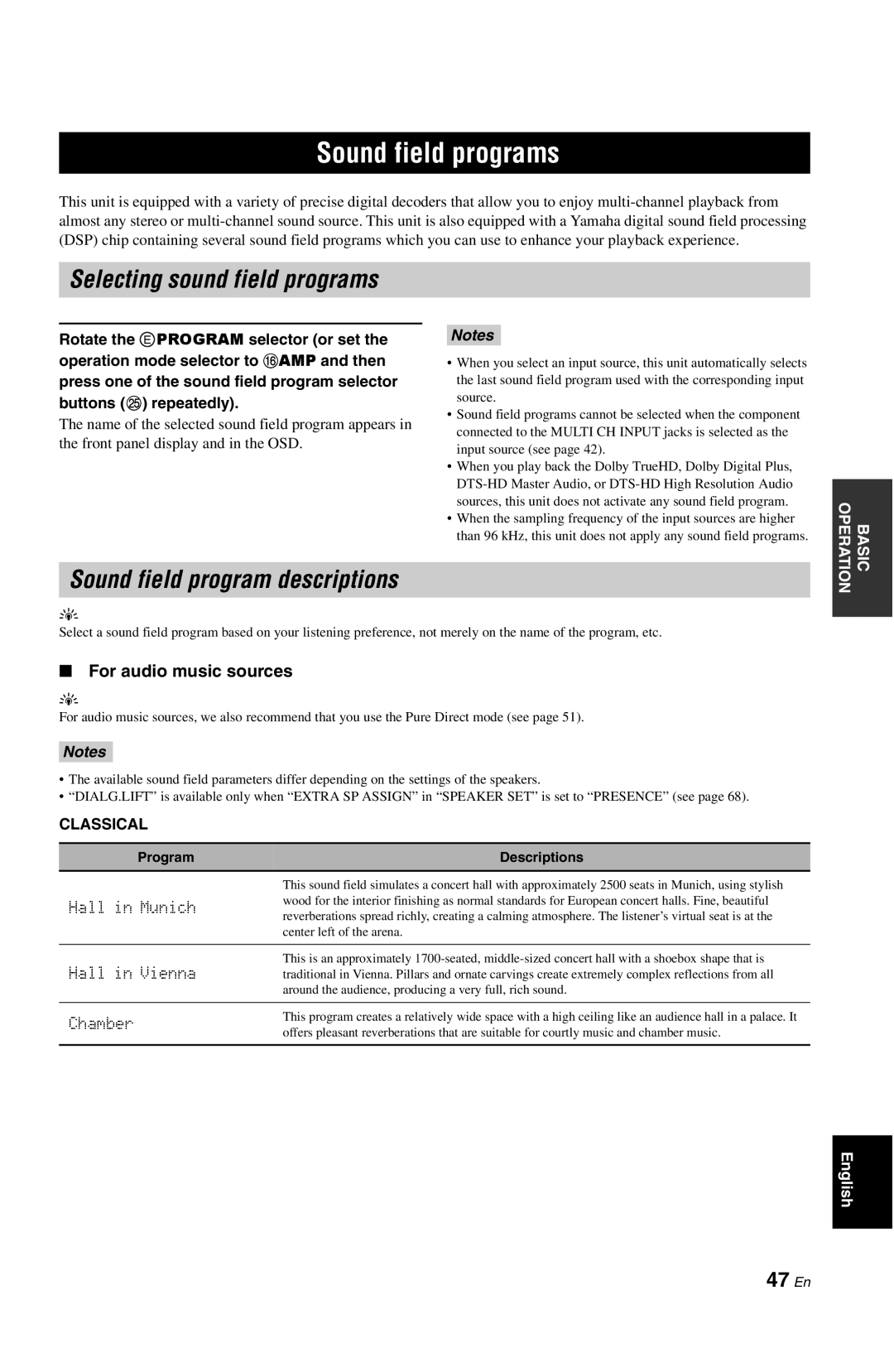 Yamaha DSP-AX763 owner manual Sound field programs, Sound field program descriptions, 47 En, For audio music sources 