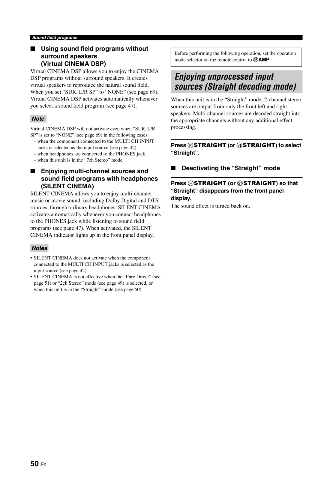 Yamaha DSP-AX763 owner manual 50 En, Deactivating the Straight mode, Press Fstraight or Kstraight to select Straight 