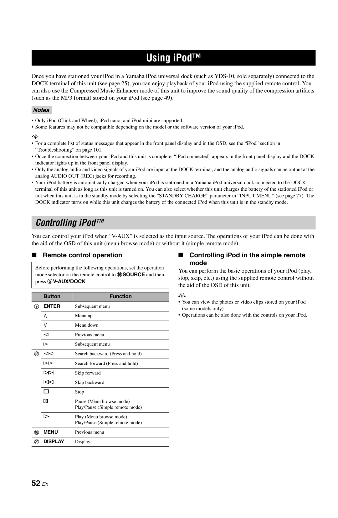 Yamaha DSP-AX763 owner manual Using iPod, 52 En, Remote control operation, Controlling iPod in the simple remote Mode 