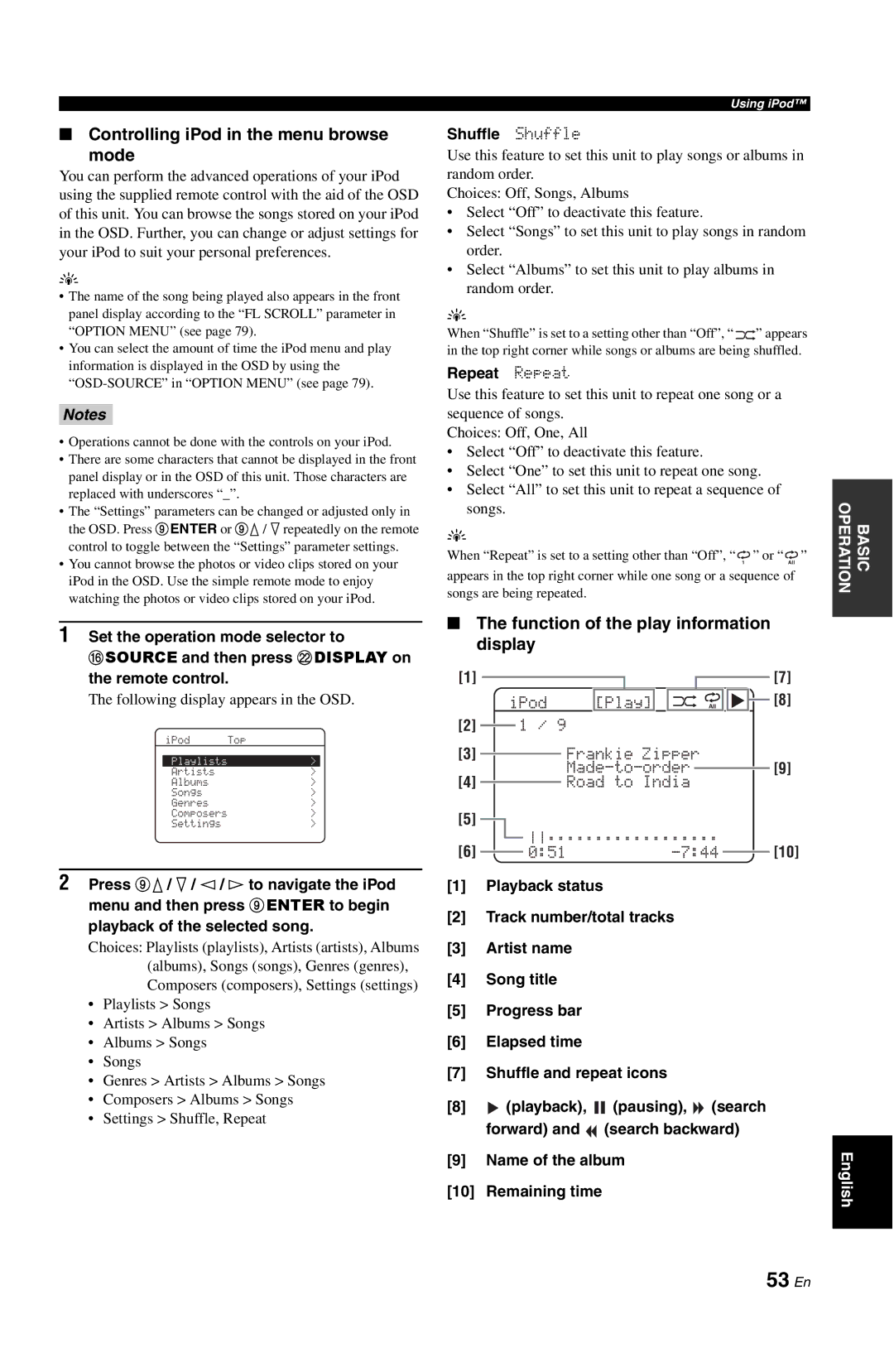 Yamaha DSP-AX763 53 En, Controlling iPod in the menu browse Mode, Function of the play information display, Repeat Repeat 