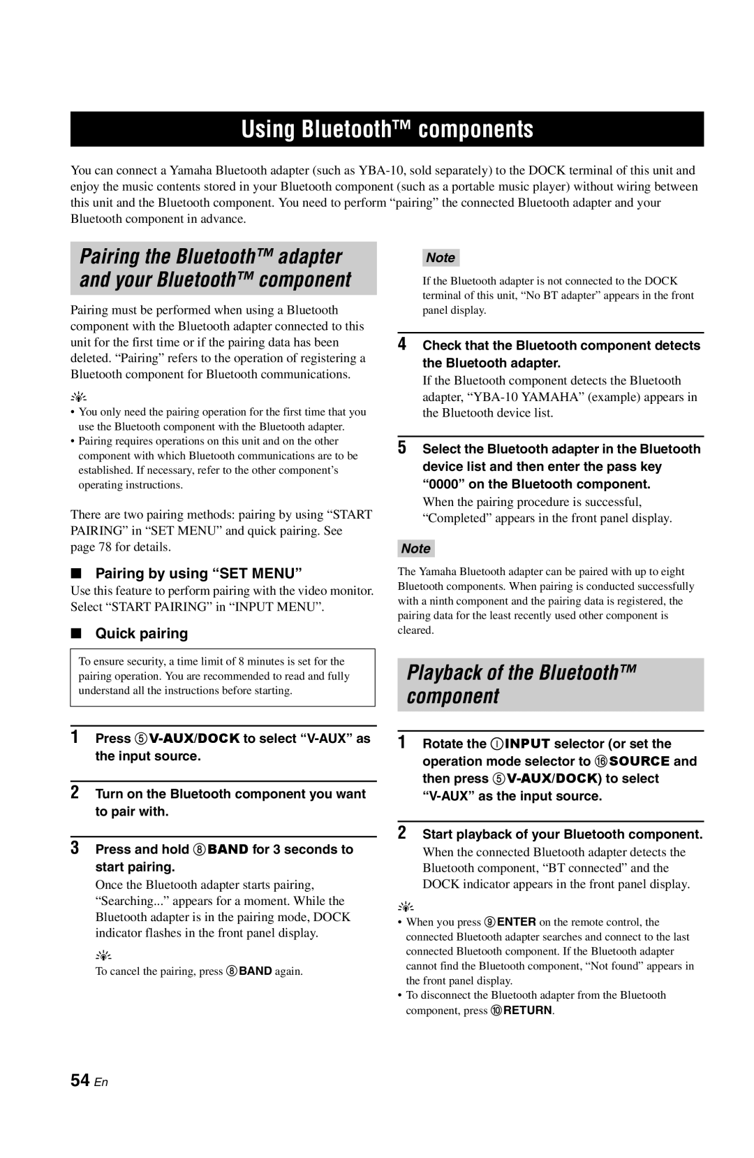 Yamaha DSP-AX763 owner manual Using Bluetooth components, 54 En, Pairing by using SET Menu, Quick pairing 