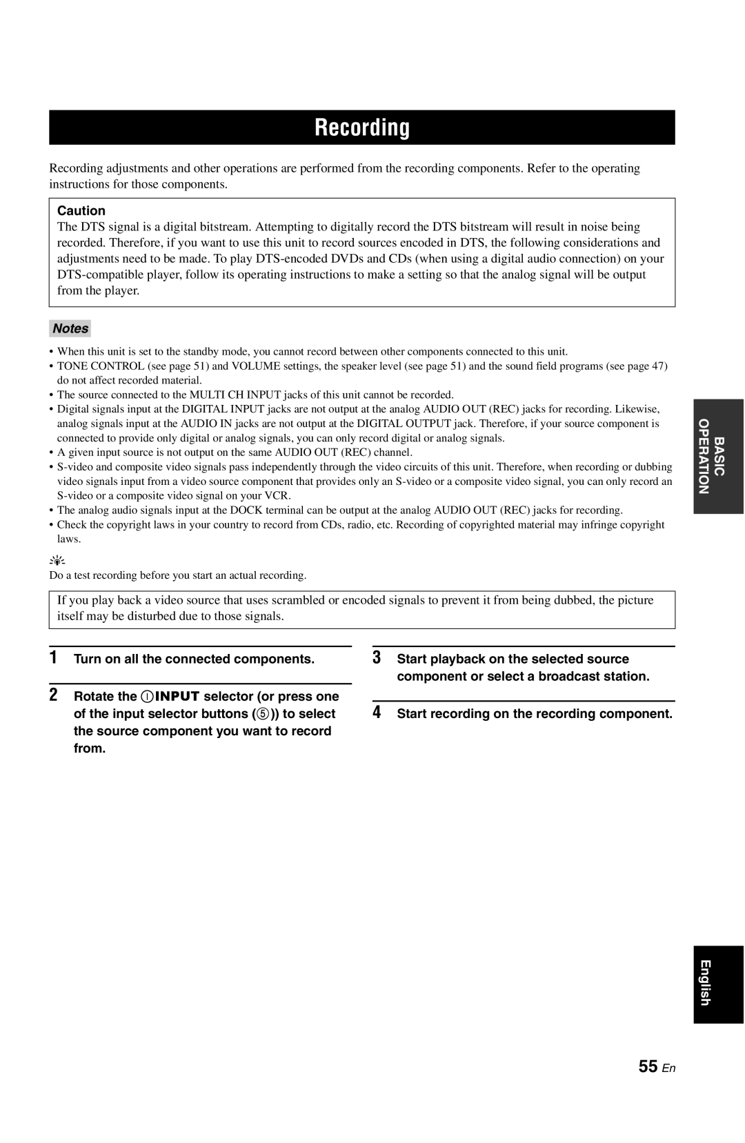 Yamaha DSP-AX763 owner manual Recording, 55 En 