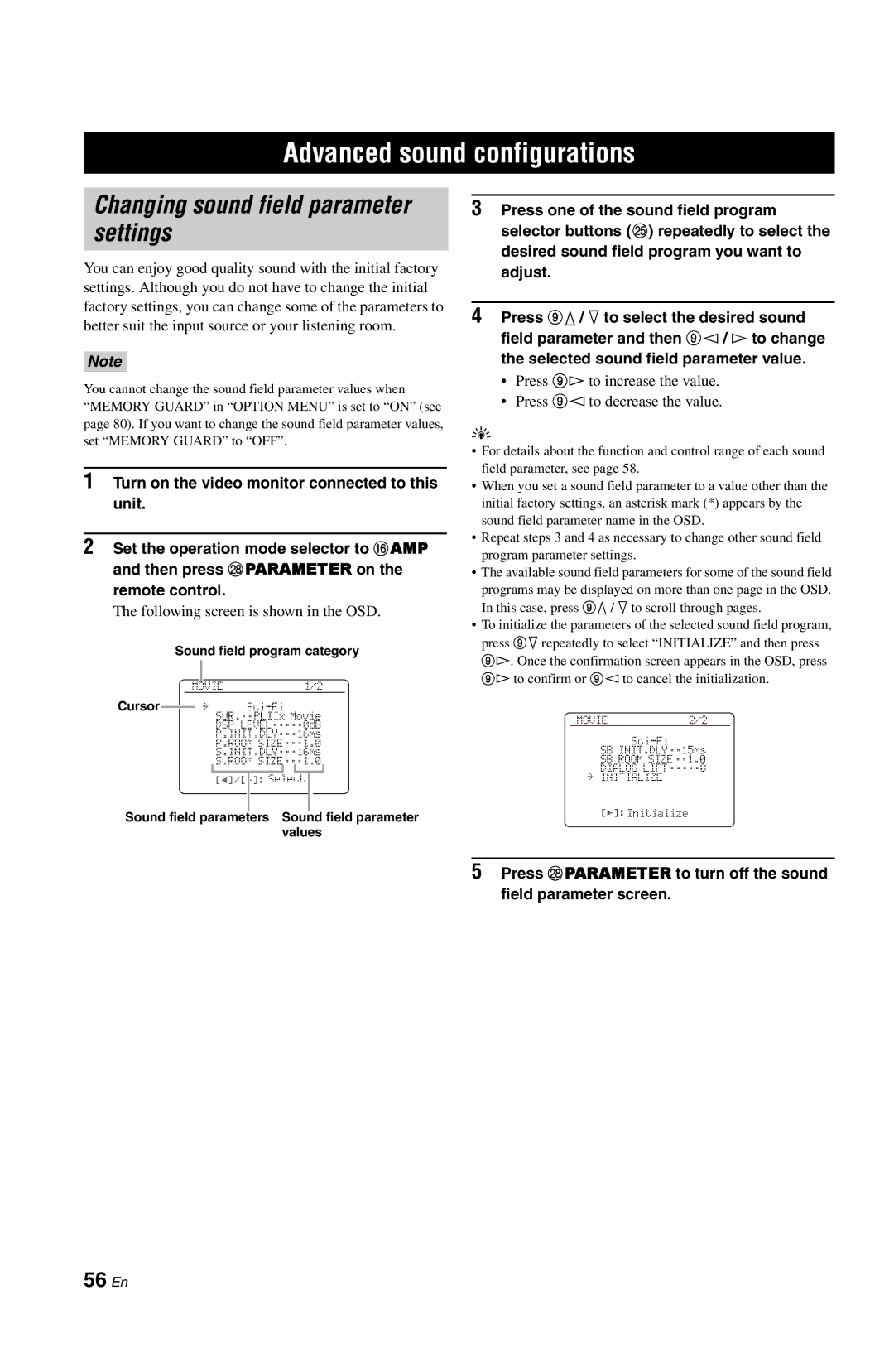 Yamaha DSP-AX763 owner manual Advanced sound configurations, Changing sound field parameter settings, 56 En 