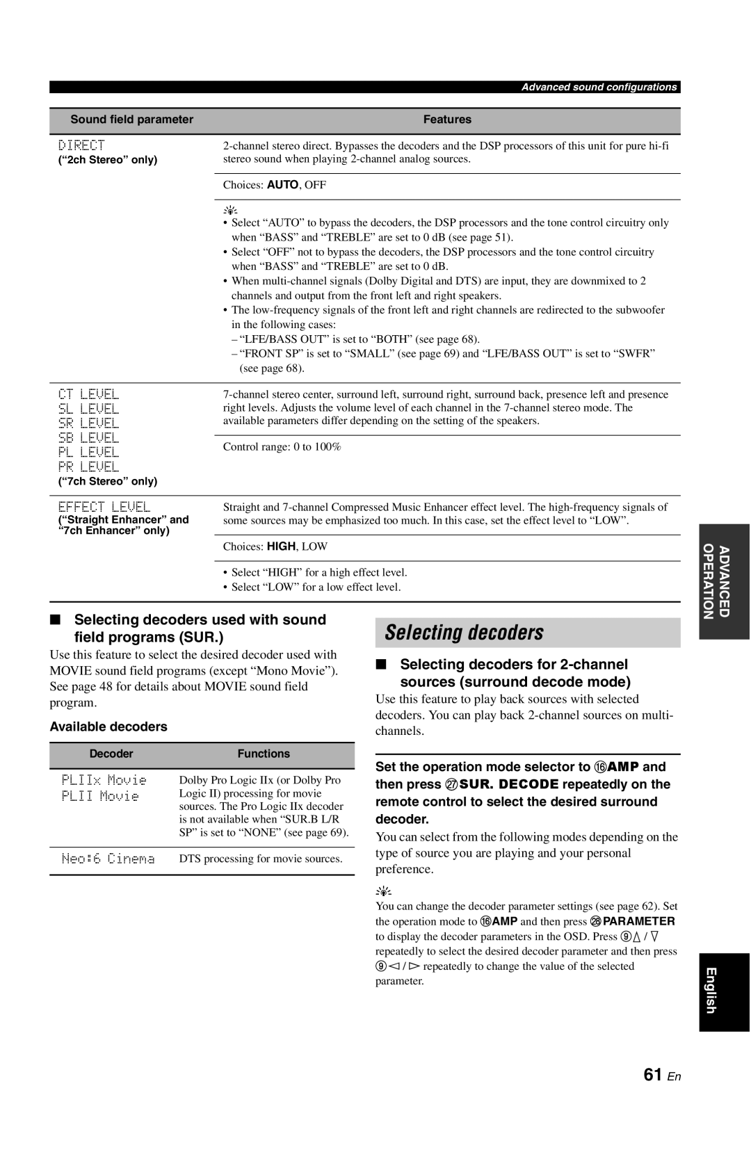 Yamaha DSP-AX763 owner manual 61 En, Selecting decoders used with sound Field programs SUR, Available decoders 