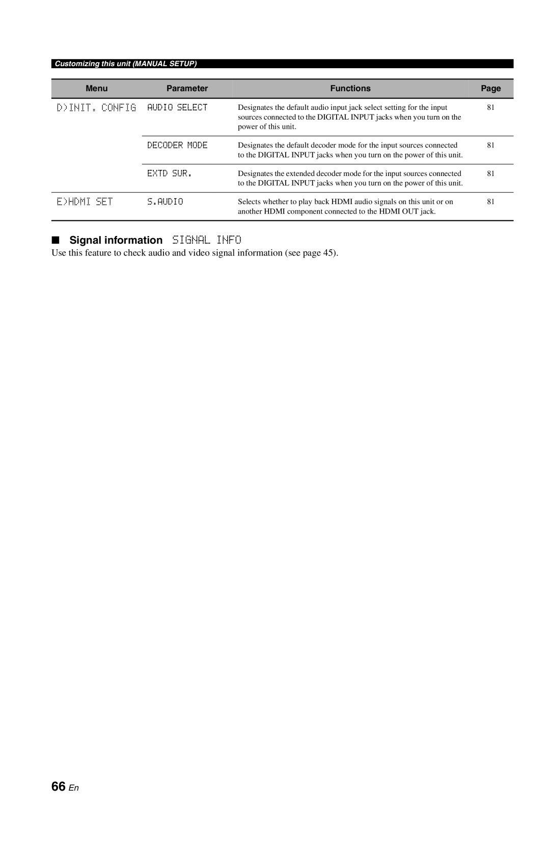 Yamaha DSP-AX763 owner manual 66 En, Signal information Signal Info, DINIT. Config, Ehdmi SET 