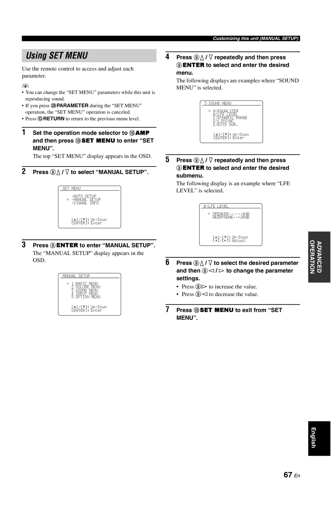 Yamaha DSP-AX763 Using SET Menu, 67 En, Press 9k / n to select Manual Setup, Press 9ENTER to enter Manual Setup 