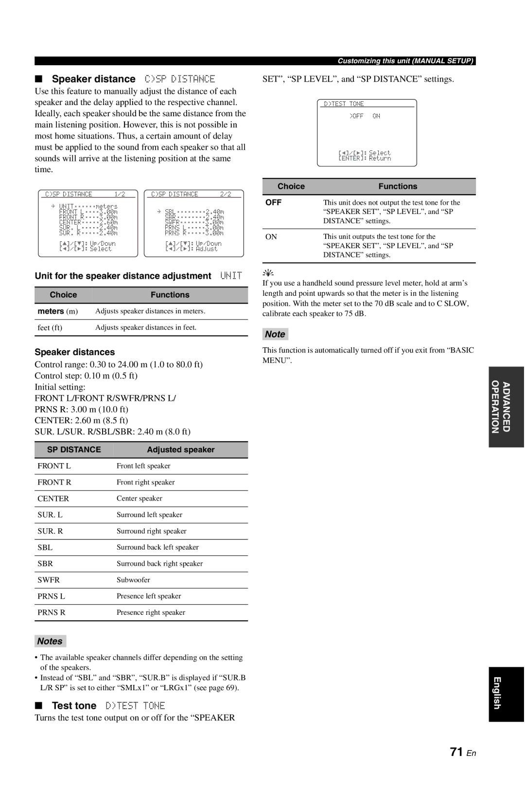 Yamaha DSP-AX763 71 En, Speaker distance CSP Distance, Unit for the speaker distance adjustment Unit, Speaker distances 