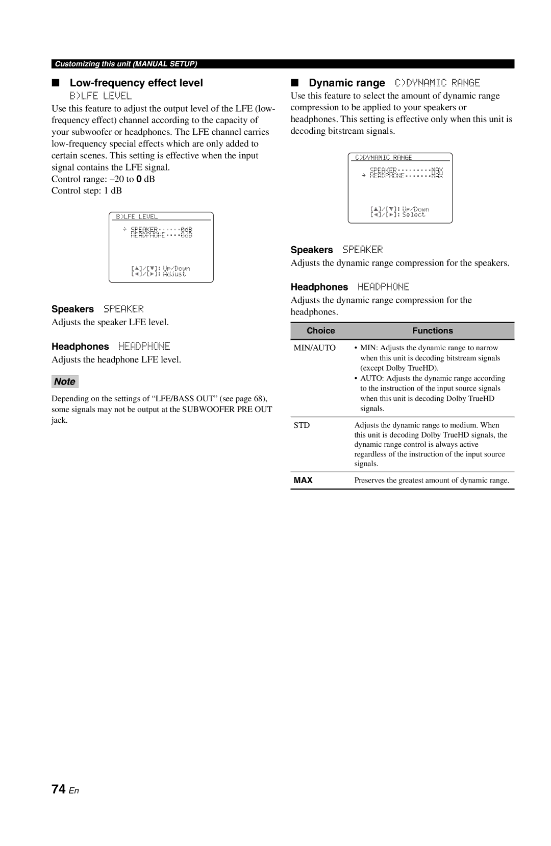 Yamaha DSP-AX763 74 En, Low-frequency effect level, Speakers Speaker, Headphones Headphone, Dynamic range Cdynamic Range 