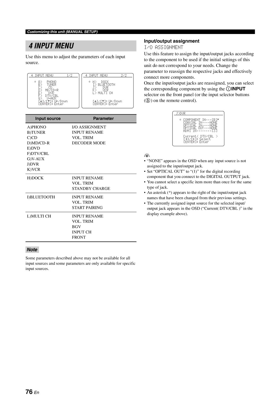 Yamaha DSP-AX763 76 En, Use this menu to adjust the parameters of each input source, Input/output assignment, Assignment 