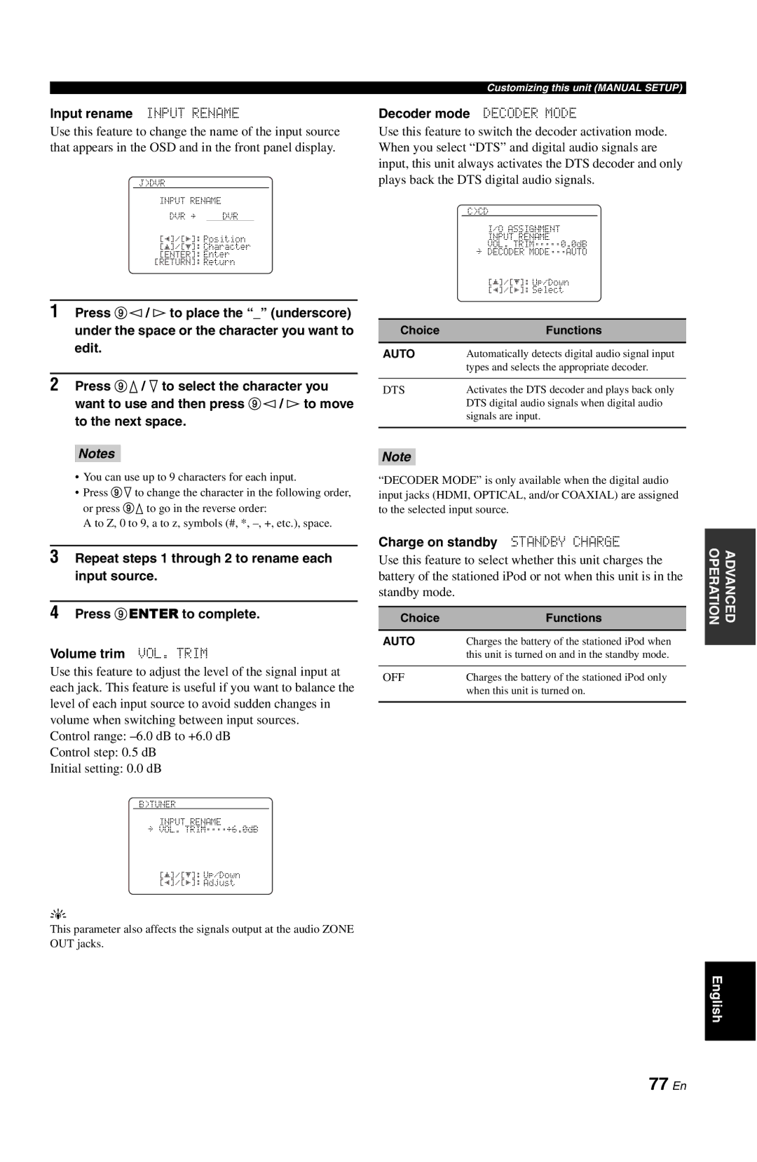 Yamaha DSP-AX763 owner manual 77 En, Input rename Input Rename, Decoder mode Decoder Mode, Charge on standby Standby Charge 