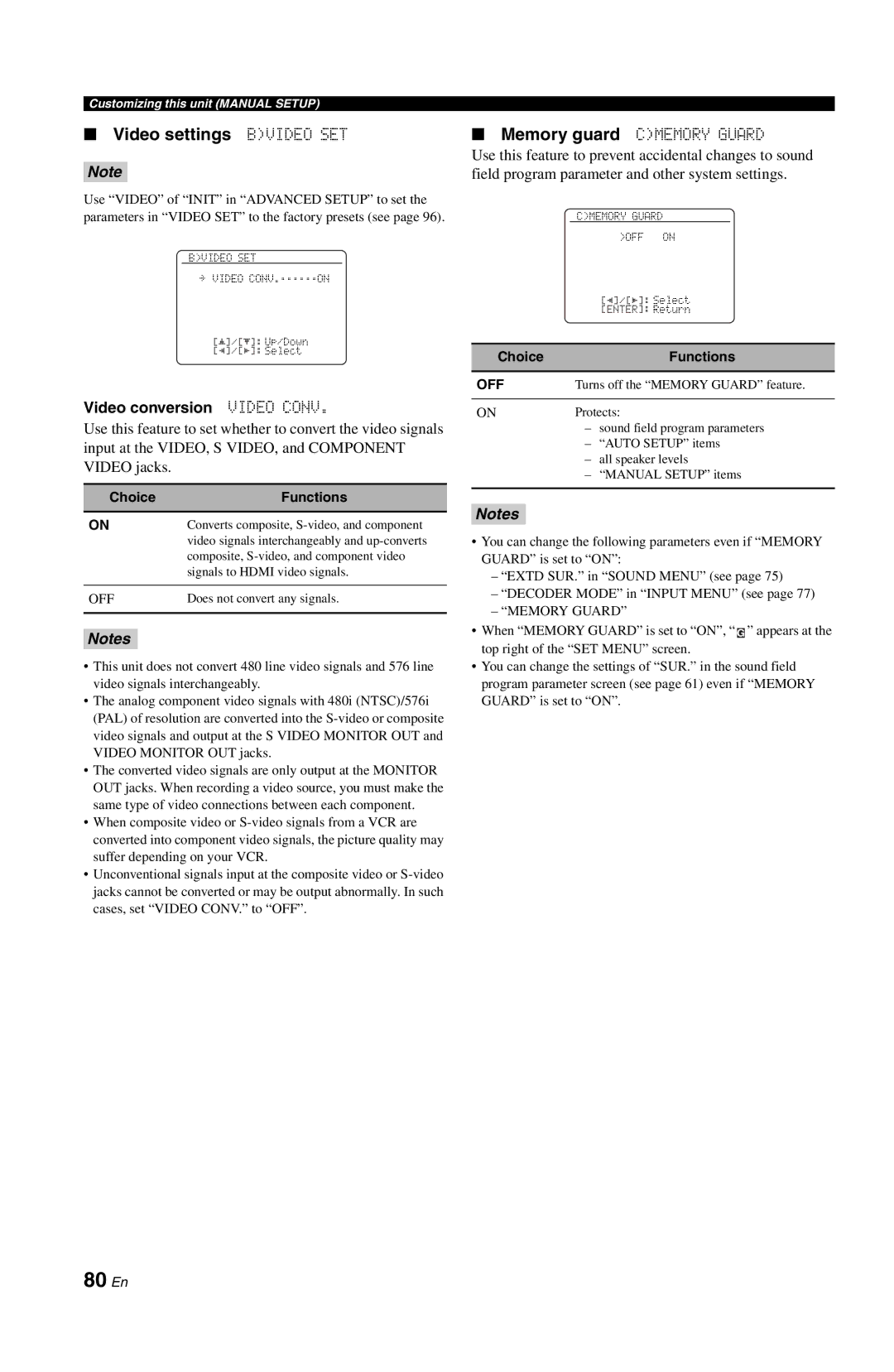 Yamaha DSP-AX763 80 En, Video settings Bvideo SET, Video conversion Video Conv, Memory guard Cmemory Guard, Memory Guard 