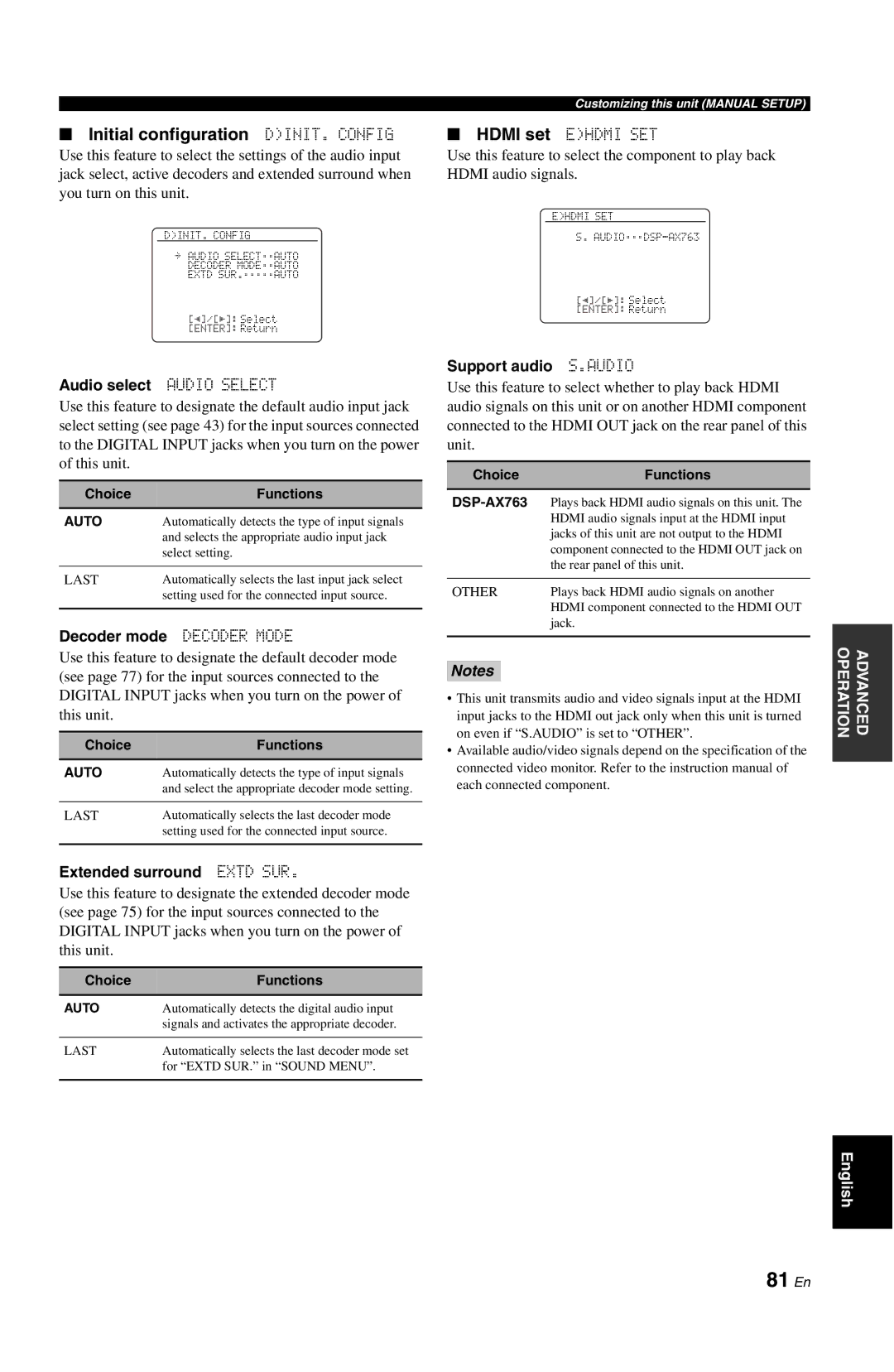 Yamaha DSP-AX763 81 En, Initial configuration DINIT. Config, Audio select Audio Select, Extended surround Extd SUR 