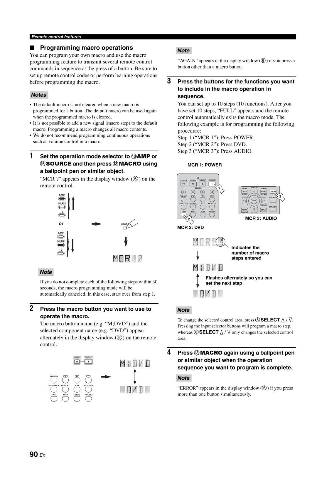 Yamaha DSP-AX763 owner manual 90 En, Programming macro operations 