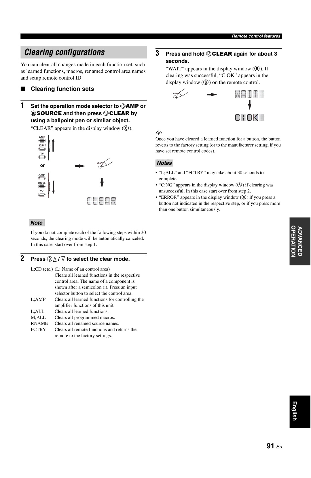 Yamaha DSP-AX763 owner manual Clearing configurations, 91 En, Clearing function sets, Press 9k / n to select the clear mode 