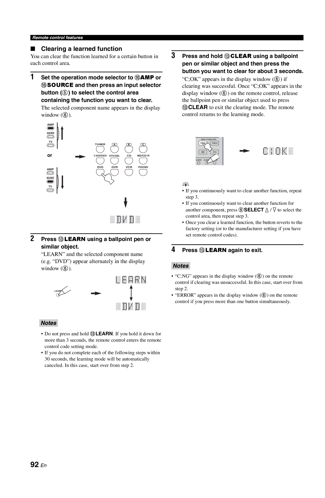 Yamaha DSP-AX763 owner manual 92 En, Clearing a learned function, Selected component name appears in the display window 