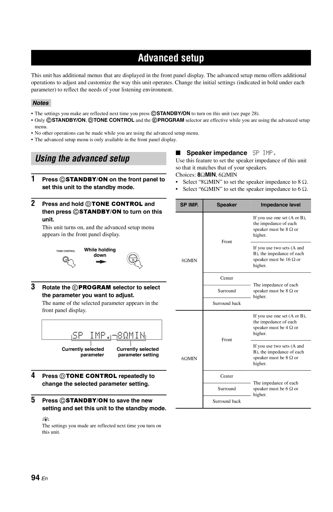 Yamaha DSP-AX763 owner manual Advanced setup, Using the advanced setup, 94 En, Speaker impedance SP IMP, Sp Imp 