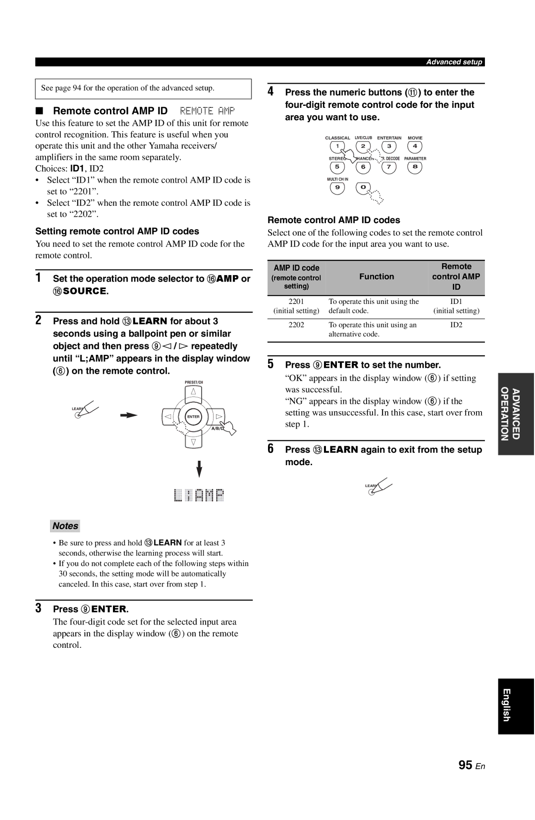 Yamaha DSP-AX763 95 En, Remote control AMP ID Remote AMP, Setting remote control AMP ID codes, Remote control AMP ID codes 