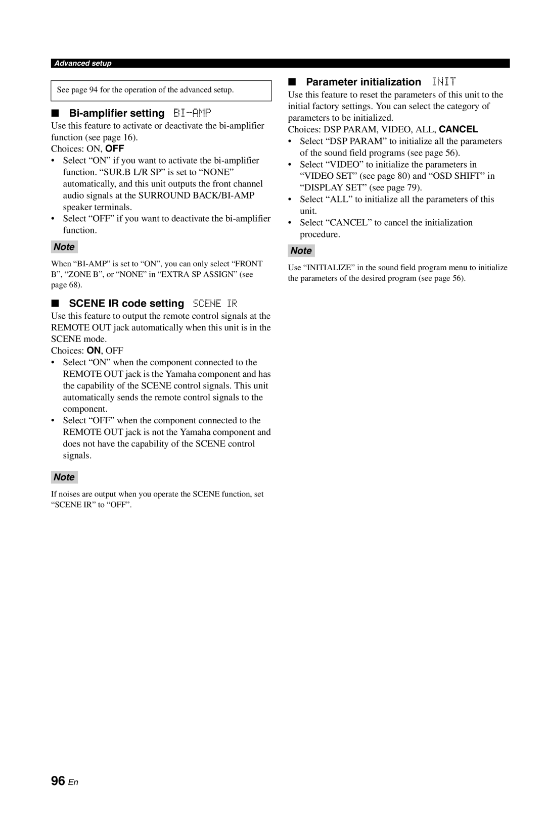 Yamaha DSP-AX763 96 En, Bi-amplifier setting BI-AMP, Scene IR code setting Scene IR, Parameter initialization Init 