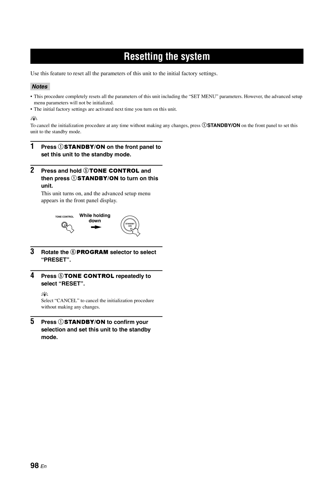 Yamaha DSP-AX861SE owner manual Resetting the system, 98 En, 3Rotate the 6PROGRAM selector to select “PRESET”, Notes, unit 