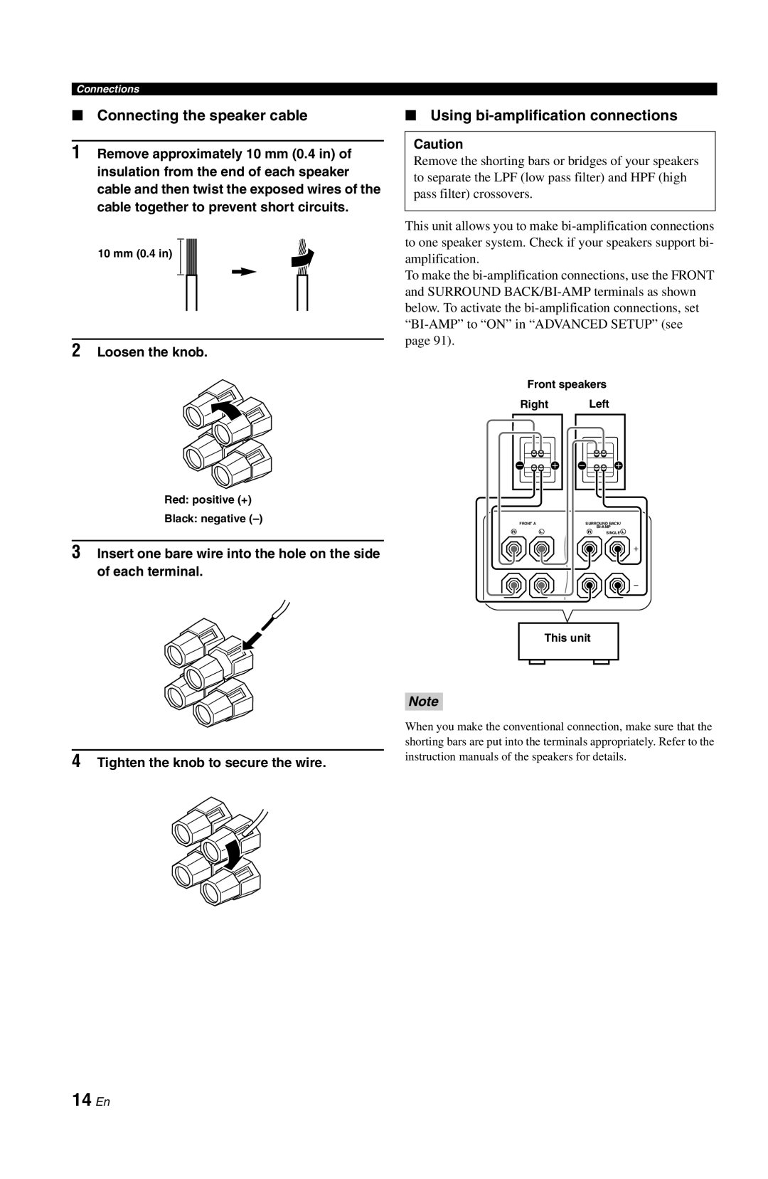Yamaha DSP-AX861SE owner manual 14 En, Connecting the speaker cable, Using bi-amplificationconnections, 2Loosen the knob 