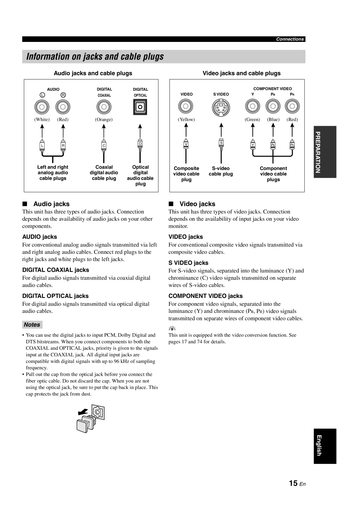 Yamaha DSP-AX861SE Information on jacks and cable plugs, 15 En, Video jacks, Audio jacks and cable plugs, AUDIO jacks 