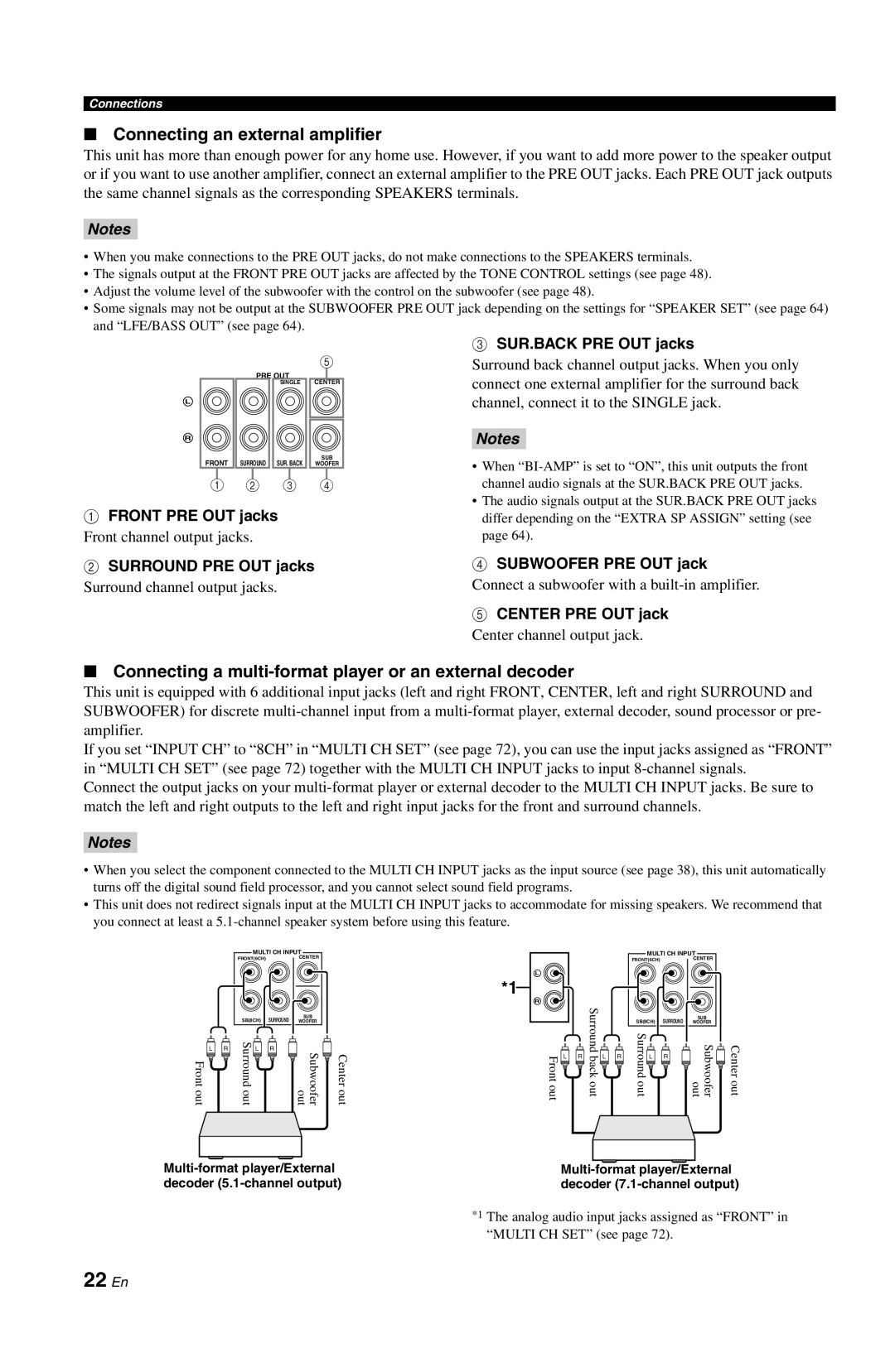 Yamaha DSP-AX861SE 22 En, Connecting an external amplifier, 1FRONT PRE OUT jacks, 2SURROUND PRE OUT jacks, Notes 