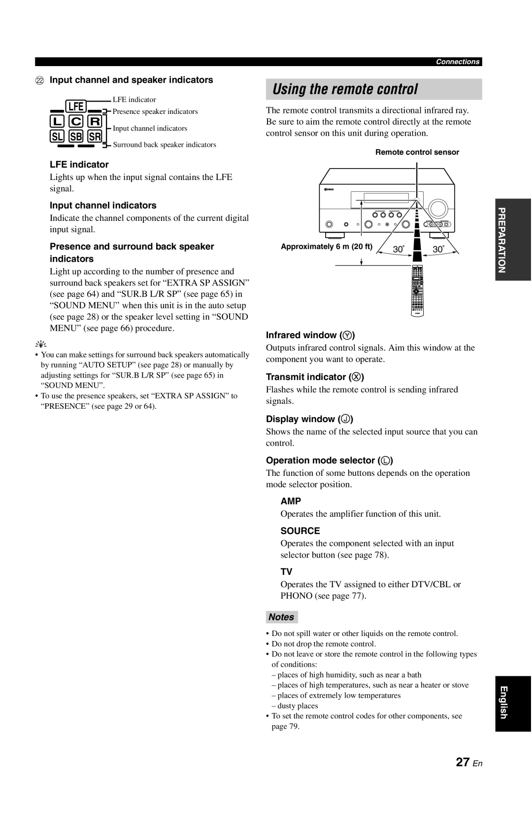 Yamaha DSP-AX861SE Using the remote control, 27 En, L C R, Sl Sb Sr, LInput channel and speaker indicators, LFE indicator 