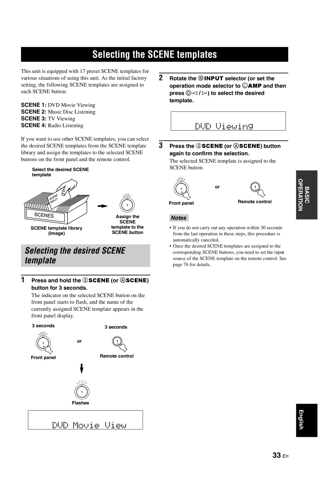 Yamaha DSP-AX861SE Selecting the SCENE templates, Selecting the desired SCENE template, DVD Viewing, DVD Movie, 33 En 