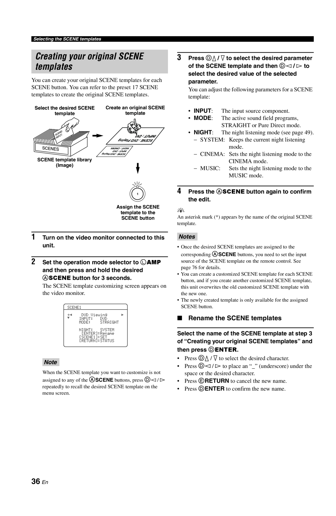 Yamaha DSP-AX861SE owner manual Creating your original SCENE templates, 36 En, Rename the SCENE templates, Notes 