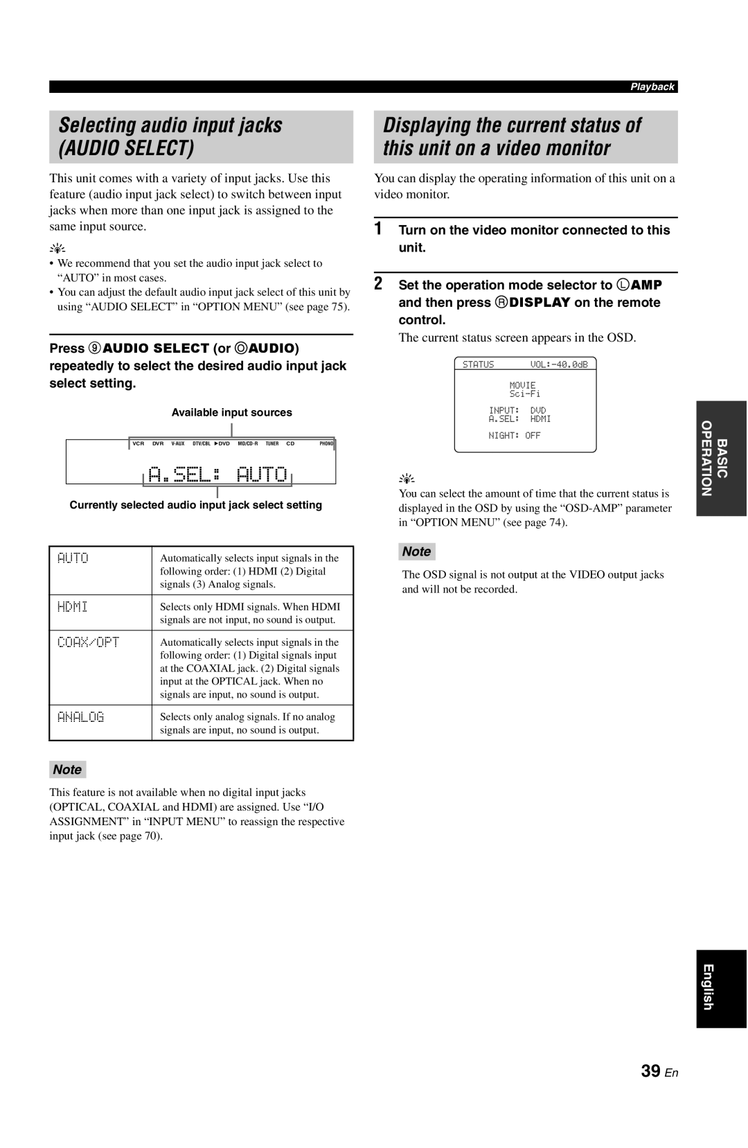 Yamaha DSP-AX861SE owner manual Selecting audio input jacks AUDIO SELECT, 39 En, control 