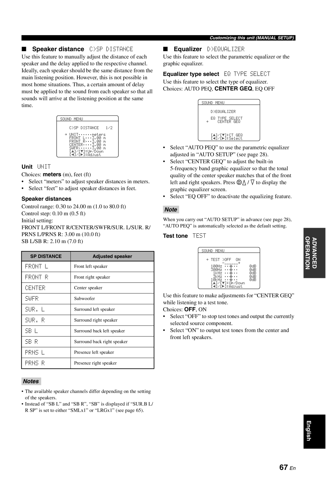 Yamaha DSP-AX861SE owner manual 67 En, Speaker distance CSP DISTANCE, Unit UNIT, Speaker distances, Test tone TEST 