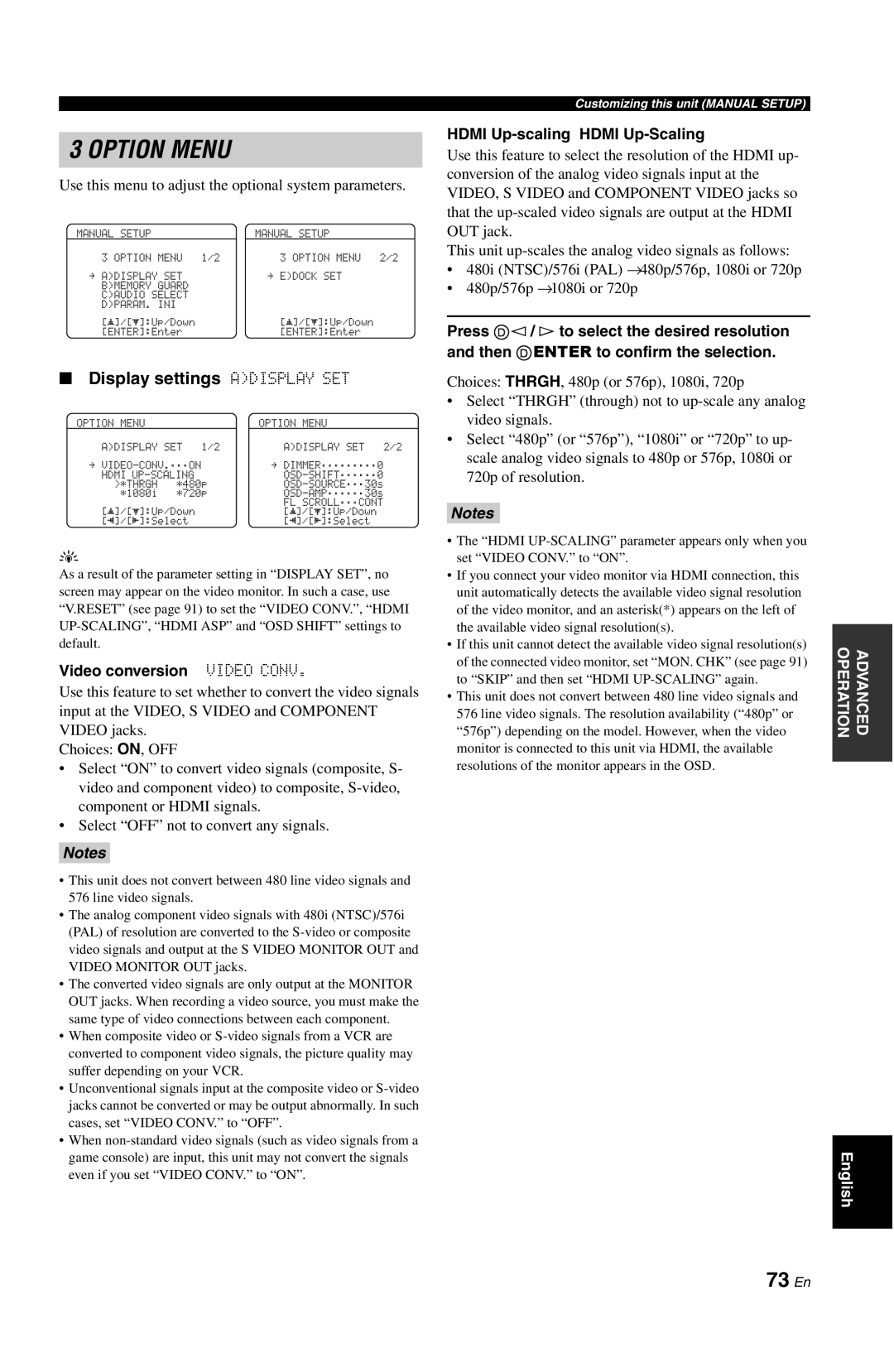 Yamaha DSP-AX861SE owner manual Option Menu, 73 En, Display settings ADISPLAY SET, Video conversion VIDEO CONV, Notes 