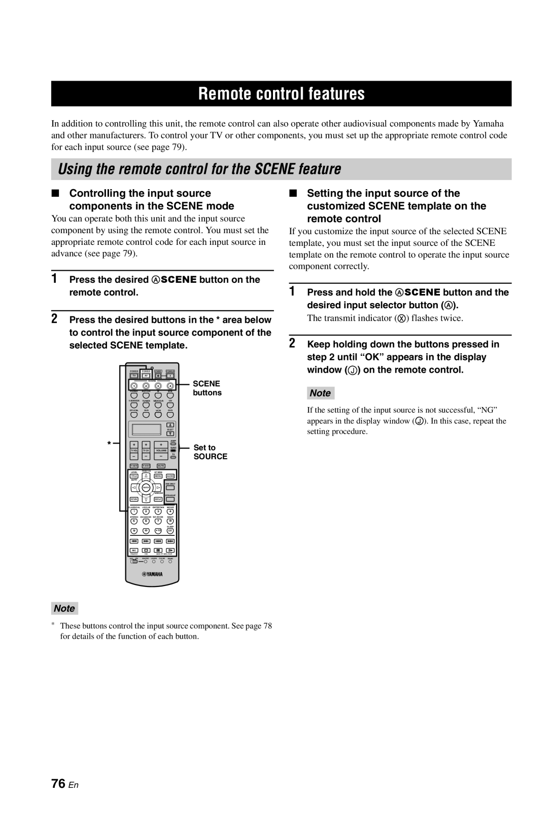 Yamaha DSP-AX861SE owner manual Remote control features, Using the remote control for the SCENE feature, 76 En 