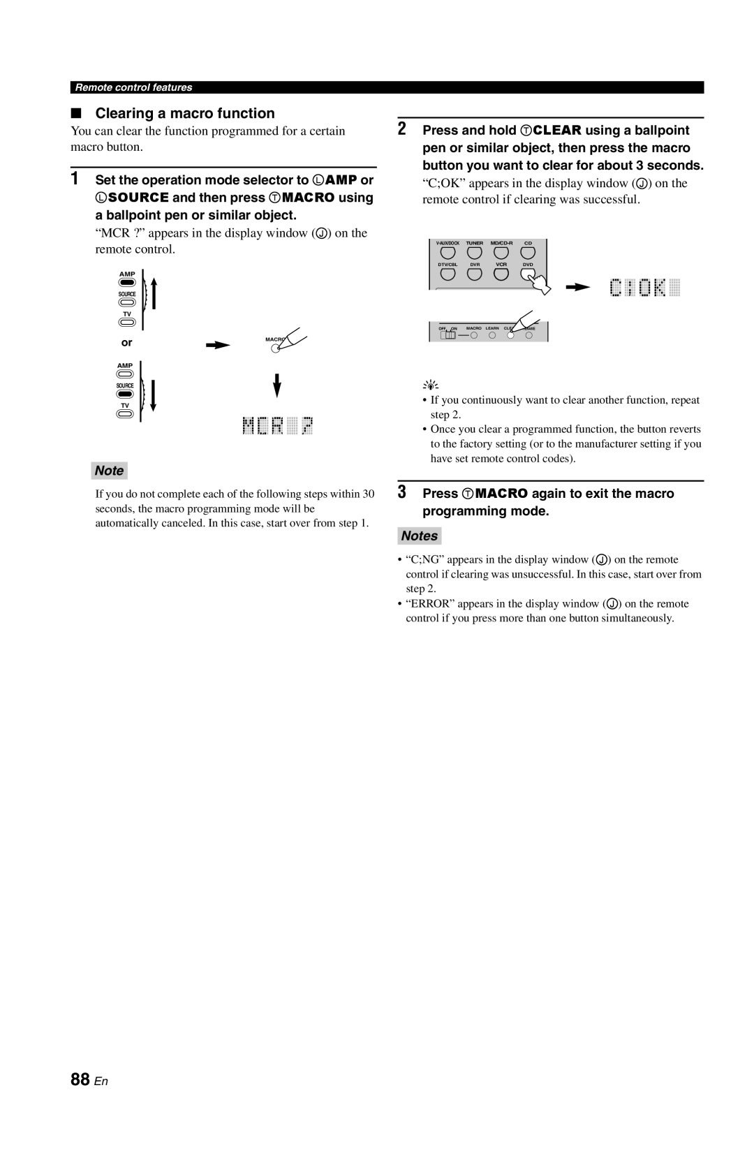 Yamaha DSP-AX861SE owner manual 88 En, Clearing a macro function, a ballpoint pen or similar object, Notes 