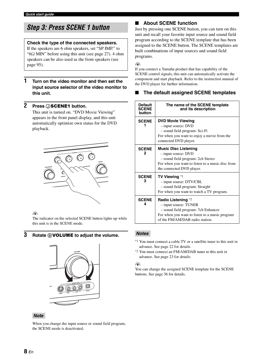 Yamaha DSP-AX863SE About Scene function, Default assigned Scene templates, Check the type of the connected speakers 