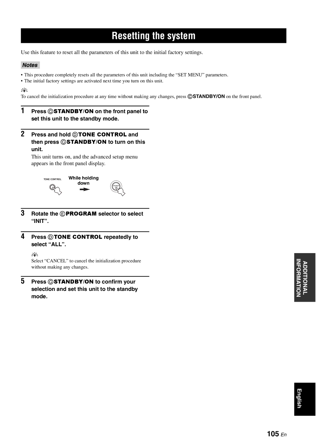 Yamaha DSP-AX863SE owner manual Resetting the system, 105 En 