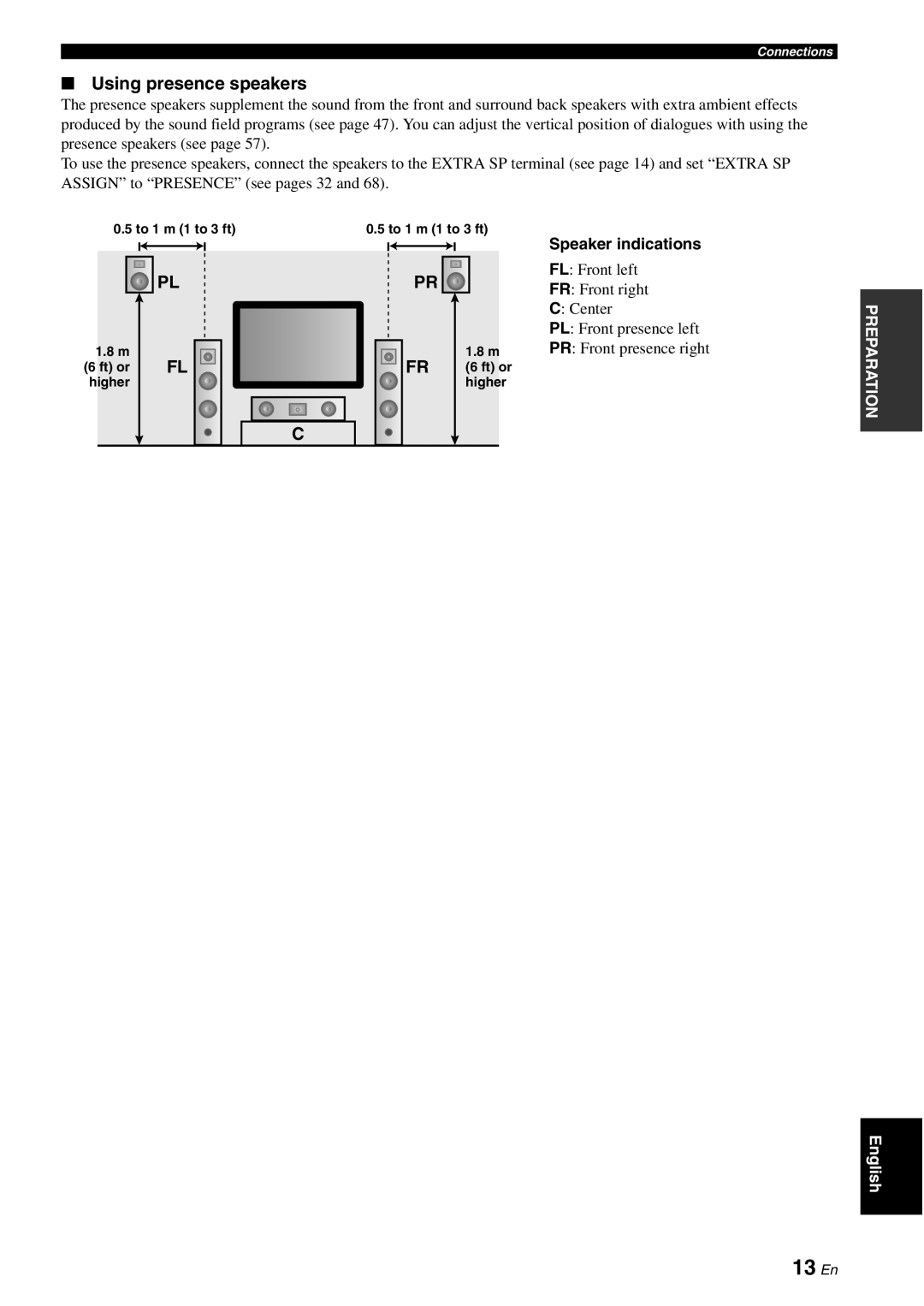 Yamaha DSP-AX863SE owner manual 13 En, Using presence speakers, To 1 m 1 to 3 ft, Ft or Higher 