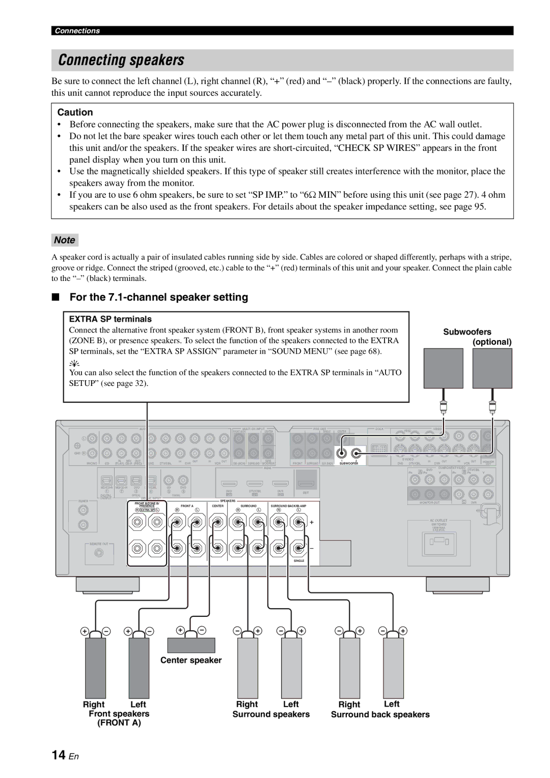 Yamaha DSP-AX863SE owner manual Connecting speakers, 14 En, For the 7.1-channel speaker setting, Front a 