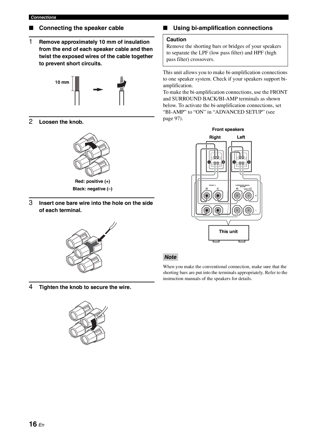 Yamaha DSP-AX863SE owner manual 16 En, Connecting the speaker cable, Using bi-amplification connections, Loosen the knob 