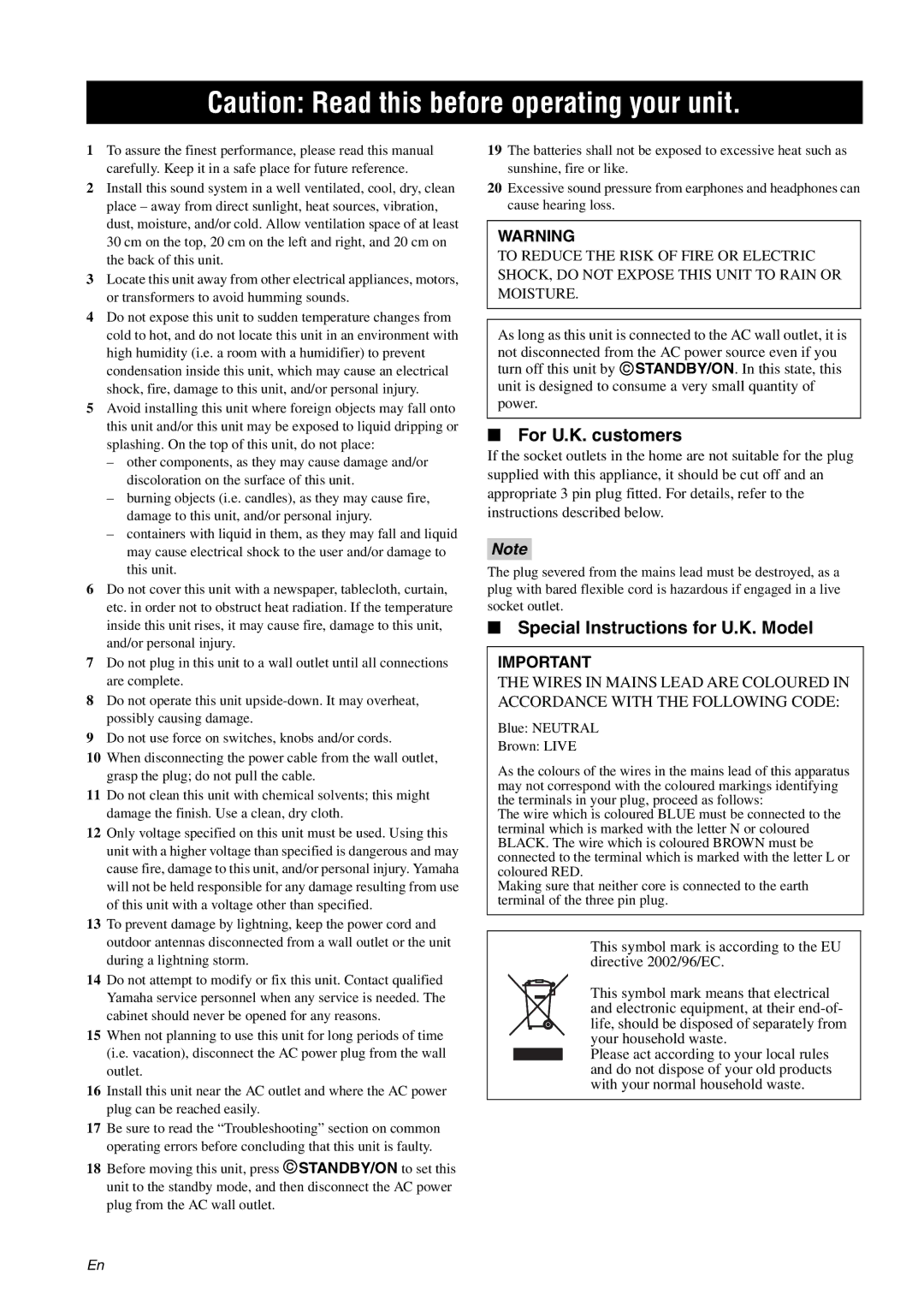 Yamaha DSP-AX863SE owner manual For U.K. customers, Special Instructions for U.K. Model 