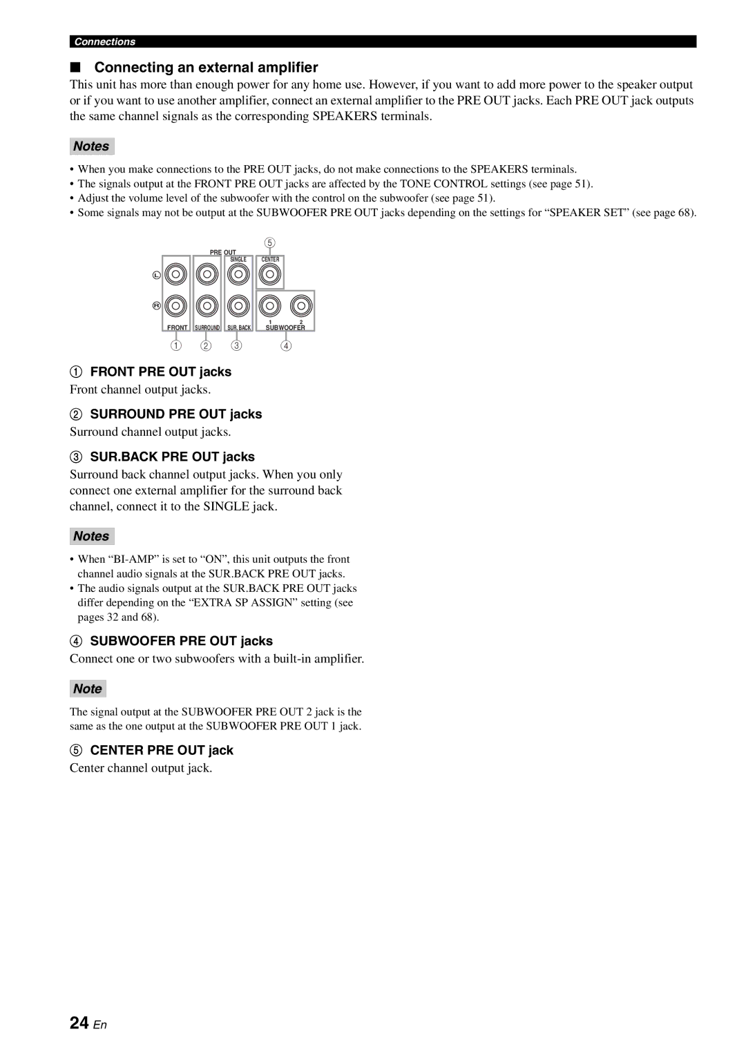 Yamaha DSP-AX863SE owner manual 24 En, Connecting an external amplifier 